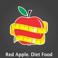 Illustration of measuring tape around fresh red apple. Diet concept. Vector illustration