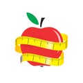 Illustration of measuring tape around fresh red apple. Diet concept. Vector illustration Royalty Free Stock Photo