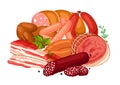 Illustration with meat products. Illustration of sausages, bacon and ham Royalty Free Stock Photo