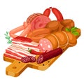Illustration with meat products on wooden cutting board. Illustration of sausages, bacon and ham Royalty Free Stock Photo