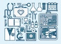 Illustration of medic supplies, drugs, pills, tools, clothing, medical suitcase in line style