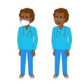 Vector illustration of medical person character in medical face mask. African american man doctor