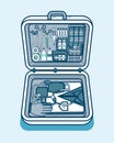 Illustration of medical supplies, drugs, pills, tools, clothing in isometry line style