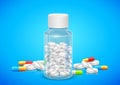Medicine Pill in Transparent Bottle on Medical background of deadly Novel Coronavirus 19 epidemic outbreak