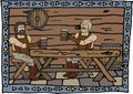 Illustration of medieval beer drinking in a stylized frame. Middle Ages, blacksmith shop, beer, recreation, hard worker Royalty Free Stock Photo