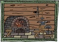 Illustration of a medieval forge in a stylized frame. Medieval, forge, furnace, anvil, grindstone, ironwork, blacksmith