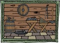 Illustration of a medieval forge in a stylized frame. Medieval, forge, tools, iron, hammer, iron products, blacksmith