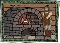 Illustration of medieval incandescent iron in a stylized frame. Medieval, forge, furnace, ironwork, blacksmith, ready to