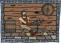 Illustration of medieval weapon sharpening in a stylized frame. Medieval, forge, whetstone, sword, ironwork, blacksmith