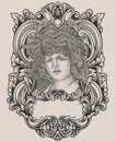 Illustration medusa head with engraving ornament frame Royalty Free Stock Photo