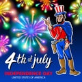 Illustration of a men celebrating Independence Day Vector Poster. 4th of July Lettering. American Red on Blue Background with Star Royalty Free Stock Photo