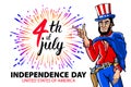 Illustration of a men celebrating Independence Day Vector Poster. 4th of July Lettering. American Red on Blue Background with Star Royalty Free Stock Photo