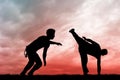 Men do capoeira at sunset Royalty Free Stock Photo