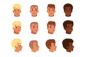 Illustration of men head avatars set with different haircuts. Classical trendy hairstyle, curly hair, bald. Flat design