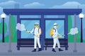 Illustration of men in a protective suit disinfecting bench waiting in a station - COVID-19 concept