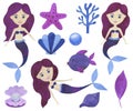 Mermaid watercolor beautiful set of illustrations Maritime collection of fairytale characters Underwater landscape corals starfish