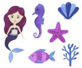 Mermaid watercolor beautiful set of illustrations Maritime collection of fairytale characters Underwater landscape corals starfish