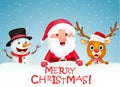 Merry Christmas background with Santa claus, snowman and reindeer Royalty Free Stock Photo