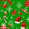 Christmas tree, sweets, candy canes, snowflakes, gifts and balls on green background Royalty Free Stock Photo