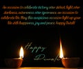Illustration message of Happy diwali message wish with two glowing diyas on black background