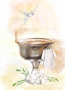 illustration a metal font in a church for the baptism of children and a white baptismal shirt