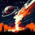 Illustration of a meteorite approaching the planet Earth. Vector illustration AI generated