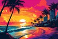 Illustration of Miami beach in a vibrant 1980s retro synthwave style, watercolor masterpiece.