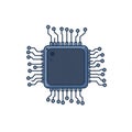 Illustration of a microchip with a square shape and rounded edges in a blue-gray color.