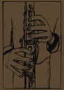 Illustration of midsection of musician playing clarinet or oboe in black on brown background