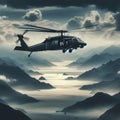 Illustration of a military helicopter taking off and floating in the air 1 Royalty Free Stock Photo