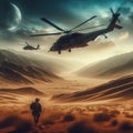 Illustration of a military helicopter taking off and floating in the air 7 Royalty Free Stock Photo