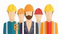 Illustration of miners wearing safety helmets in diverse colors with tools on white background Royalty Free Stock Photo