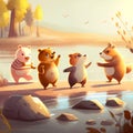 illustration of mini bears dancing by the river Royalty Free Stock Photo