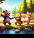 illustration of mini bears dancing by the river Royalty Free Stock Photo
