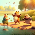 illustration of mini bears dancing by the river Royalty Free Stock Photo