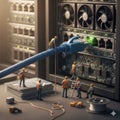 illustration of miniature workers plugging an ethernet cable into a server port, perfect for concepts of teamwork, IT support, Royalty Free Stock Photo