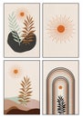 Illustration minimal canvas art boho wall poster. 3d sun, branche leaves lines and landscape. flat modern design