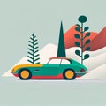 Illustration of minimalist sport car on landscape background Created with Generative AI technology