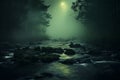 illustration of misty river in forest in the night. Generative AI