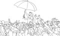 Illustration of mixed ethnic festival crowd partying in the rain