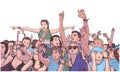 Illustration of mixed ethnic festival crowd partying in the rain