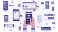 Illustration of mobile app development showcasing multiple designs and user interfaces