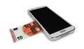 Illustration of Mobile phone and money on white background. Concept payment savings.