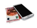 Illustration of Mobile phone and money on white background. Concept payment savings. Royalty Free Stock Photo