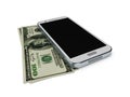 Illustration of Mobile phone and money on white background. Concept payment savings. Royalty Free Stock Photo