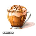 Illustration of mocha coffee with whipped cream, chocolate and caramel syrup, sprinkled with chocolate chips in a glass cup. Royalty Free Stock Photo