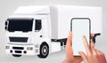 illustration Mock up of a smartphone in a man\'s hand. Against the backdrop of trucks, 3d vector Gradient Mesh Royalty Free Stock Photo