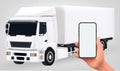 illustration Mock up of a smartphone in a man\'s hand. Against the backdrop of trucks, 3d vector Gradient Mesh Royalty Free Stock Photo