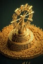 illustration of model of golden windmill that stands on gold bars. successful green energy business