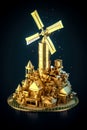 illustration of model of golden windmill that stands on gold bars. successful green energy business